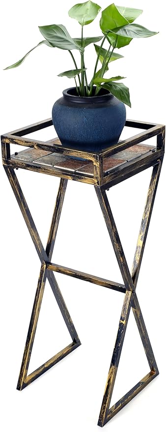 35.5 Gray Stone Slab Black Gold Metal Plant Stand
