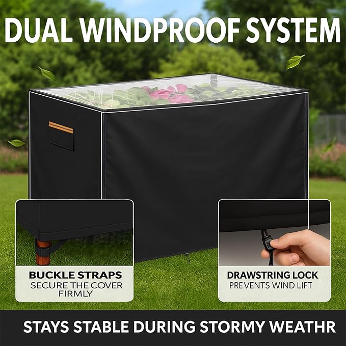 Outdoor Raised Garden Bed Winter Cover 48 L x 24 W x 30 H Heavy-Duty 600D Oxford Fabric Waterproof Insulated with Transparent PVC Top for All-Weather Elevated Wood Planter Box