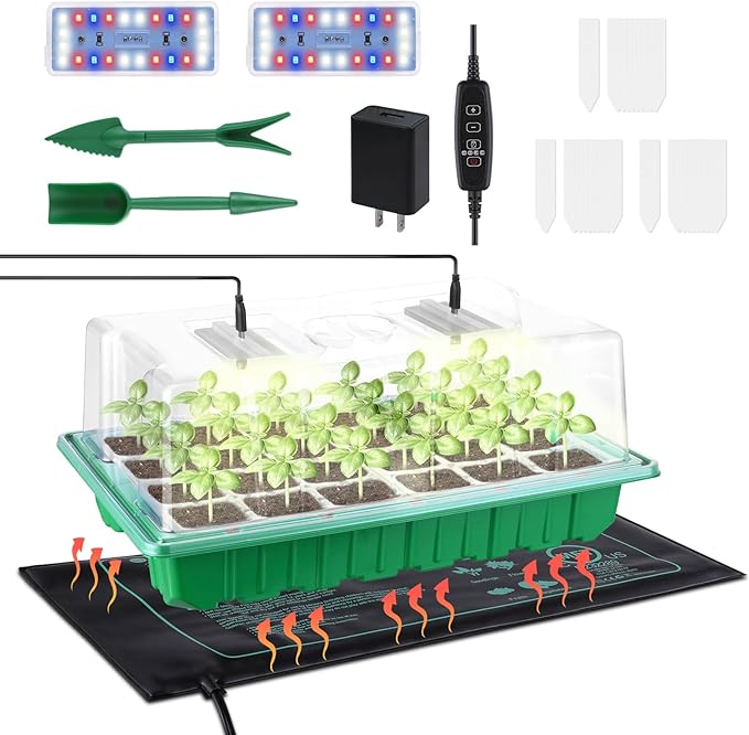 Large Seed Starter Trays with Heat Mat Seed Starter Kit with 48 Full Spectrum LEDs 24 Large Cells Seed Germination Kit with Adjustable Humidity Vents for Indoor Plants Seeds Starting