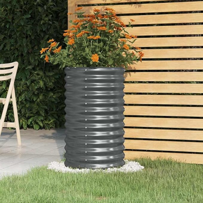15.7 in Round Garden Planter Anthracite Powder-Coated Steel Outdoor Pot for Balcony Patio Large Capacity Modern Design Weather-Resistant