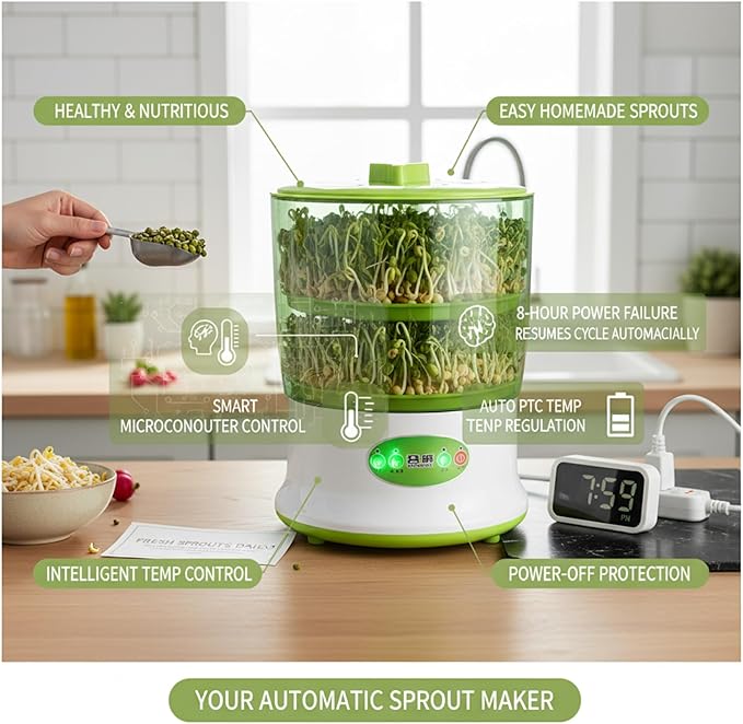 Bean Sprouts Machine Bean Sprouts Grow Kit 2-Tier Automatic Maker 3 Modes Seed Sprouter Kits for Indoor Gardening Green