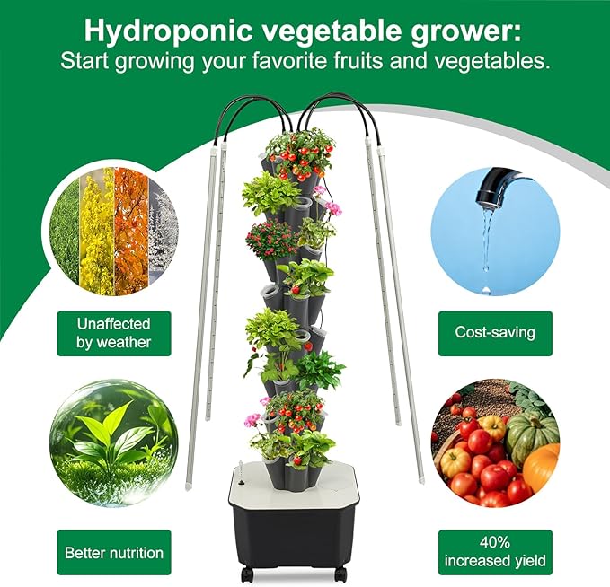 40-Hole Hydroponic Growing Tower with LED Grow Lights &amp Auto Water Pump - 59'' Indoor/Outdoor Vertical Garden System Kit for Vegetables Herbs Strawberries - Space-Saving Wheeled Soil-Free (Gre