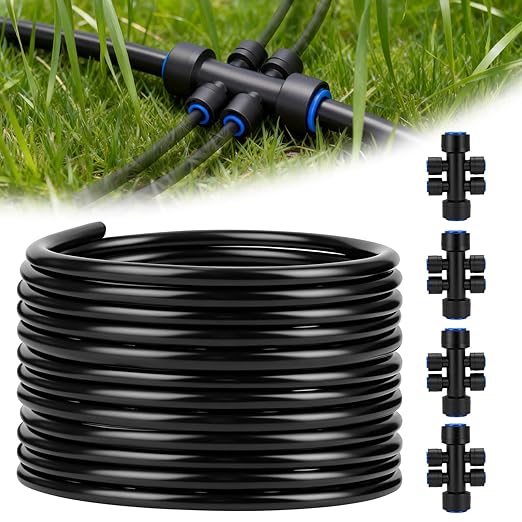Snowtaros 50FT 1/2 Drip Irrigation Tubing with 4 Packs 4-Way Quick Coupler Push-to-Connect Fittings for Garden Watering System for Raised Beds Garden Greenhouse Lawn