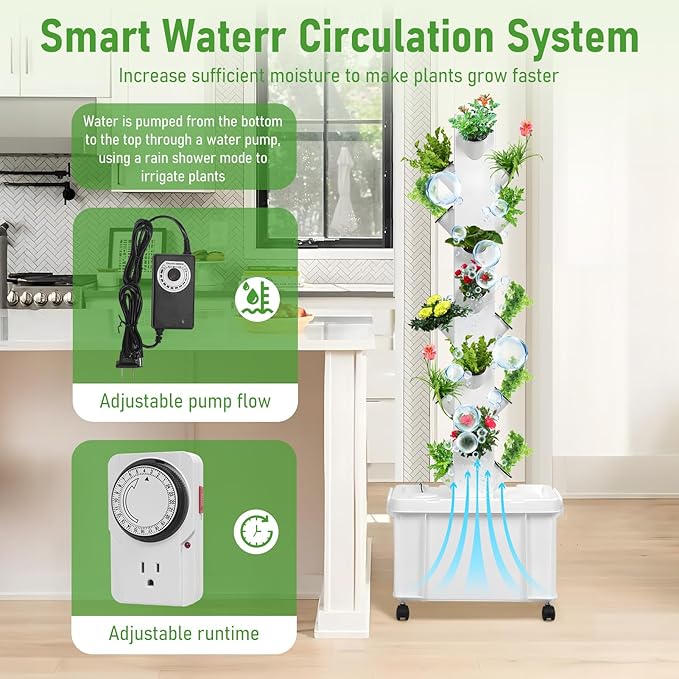 Hydroponic Tower Growing System Kit 5 Layers 20-Plants Vertical Planter Tower with Water Pump &amp Wheels Movable Automatic Watering Garden Tower for Vegetables Herbs Fruits
