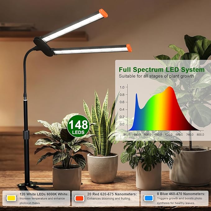 Grow Lights for Indoor Plant 6000K Full Spectrum Plant Lamp with Red Blue White LED for Pot Succulents Seed Growing Light Strip Foldable &amp Height Extendable 9-23'' Auto On Off Timing 4/8/12H