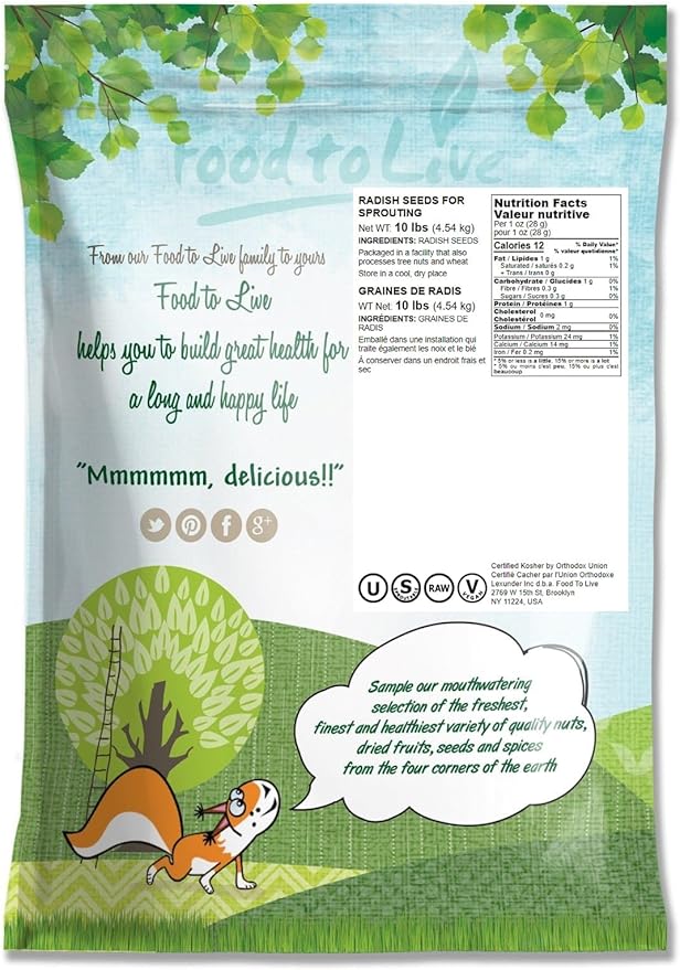 Food to Live Radish Seeds for Sprouting 10 Pounds - Edible Seeds Pure Vegan Kosher Bulk. Rich in Vitamin C. High Germitation Rate. Grow Sprouts and Microgreens for Salad Sandwiches Rolls.
