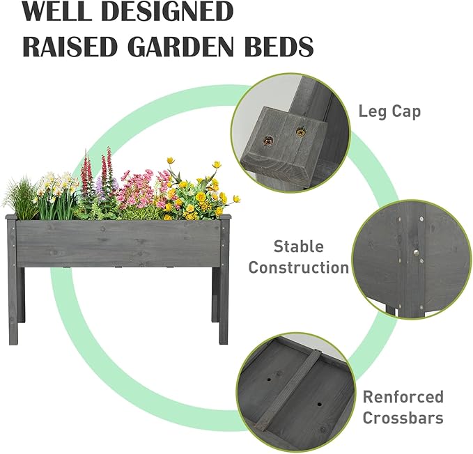 Raised Garden Bed 48” x 22” x 30” Elevated Planter Box w/Legs &amp Drainage Hole Wooden Planter Raised Bed for Vegetables Flowers Herbs Perfect for Outdoor Gardening Backyard Lawn Grey