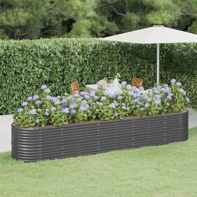 Large Oval Garden Raised Bed Anthracite Powder-Coated Steel Planter Box 144.9x31.5x26.8 Inch Outdoor Planter for Vegetables Herbs Flowers