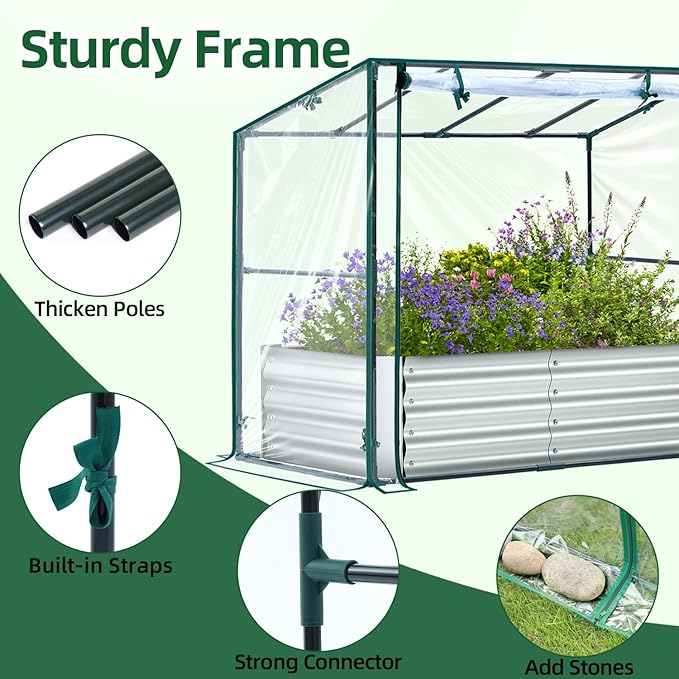 Ohuhu Raised Garden Bed with Cover Outdoor 4x2x1 FT Galvanized Metal Planter Box with PVC Greenhouse Cover Protects Plants from Frost Birds Insects 3-in-1 Gardening Set for Vegetable Flower Herb