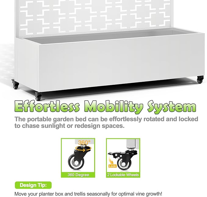 15.7×70.9×47.2 Metal Raised Garden Bed with Trellis and Wheels - Tall Trellis Planter Box for Climbing Plants Vegetables &amp Vines - Outdoor Privacy Planters for Patio (White-Square)