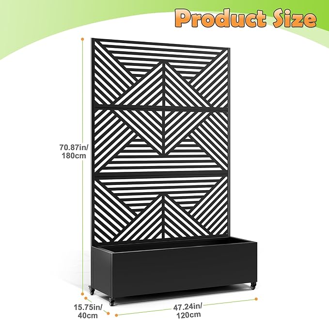 Metal Raised Garden Bed with Trellis 2-in-1 Planter Box &amp Privacy Screen for Climbing Plants Outdoor Standing Flower Bed with Drainage Holes 47.2 L x 16.7 W x 70.8 H Black-Zodiac