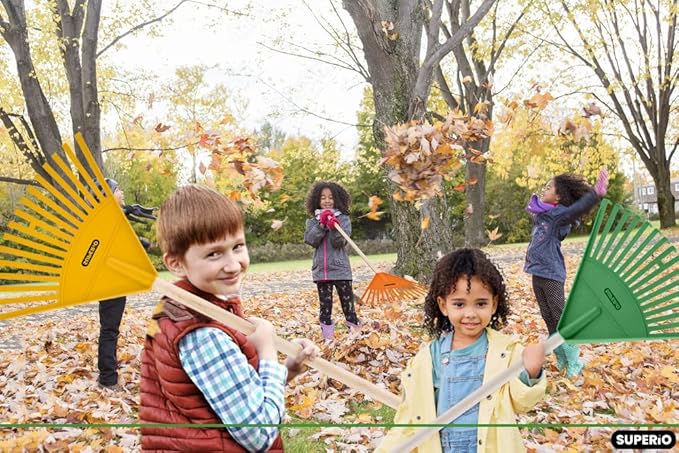 Superio Kids &amp Adult Rakes with Hardwood Handle Durable Plastic Head to Sweep Leaves in Lawn and Tidying Up The Garden Kid Size 34 Adult Size 61