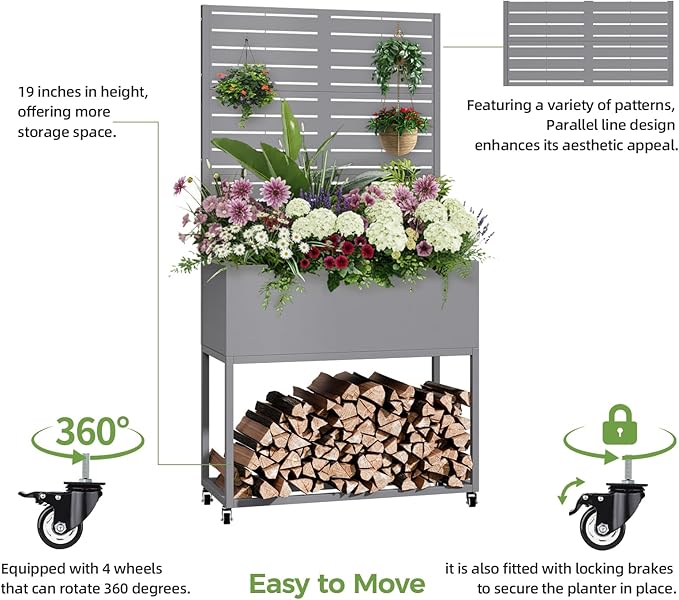 Raised Garden Bed with Trellis Metal Raised Planter Box with Trellis Privacy Planters for Patio Raised Garden Beds Outdoor Standing with Drainage Holes Wheels Grey