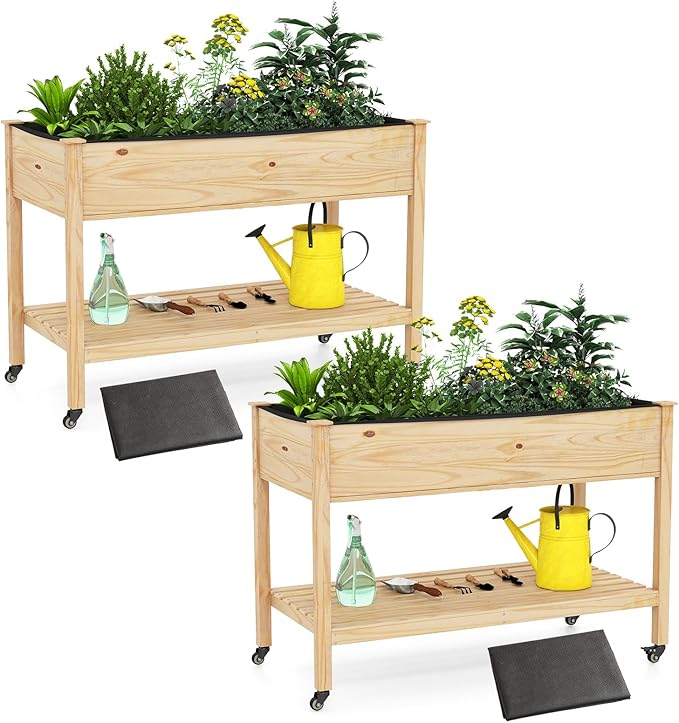 2 Pcs Raised Garden Bed with Legs Wood Raised Planter w/Lockable Wheels Drainage Holes &amp Storage Shelf Planter Box for Flowers Herbs Outdoor Balcony Backyard 47 L x 23 W x 33 H