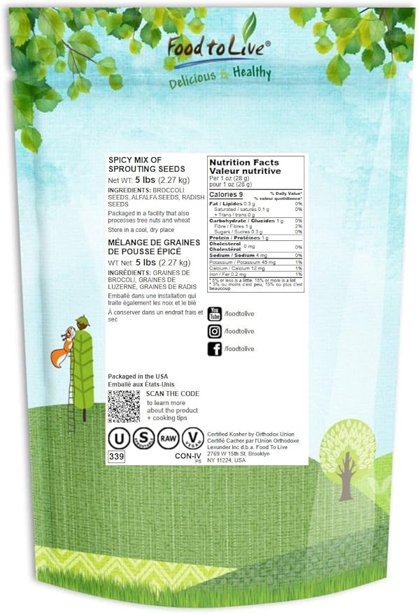 Food to Live Spicy Mix of Sprouting Seeds 5 Pounds - Broccoli Radish Alfalfa Kosher Raw