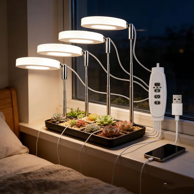 3.5 Inch LED Plant Light Featuring 10 Levels Dimming 3 Spectrum Modes Automatic Daily Timer Telescopic Design Flexible Height USB Compatibility Power Banks Rotatable Lamp