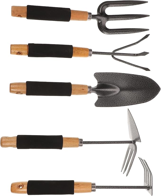 DOITOOL 5pcs Ergonomic Garden Tool Set with Storage Rack Includes Gardening Rakes and Planting Shovels for Outdoor Gardening and Flower Planting