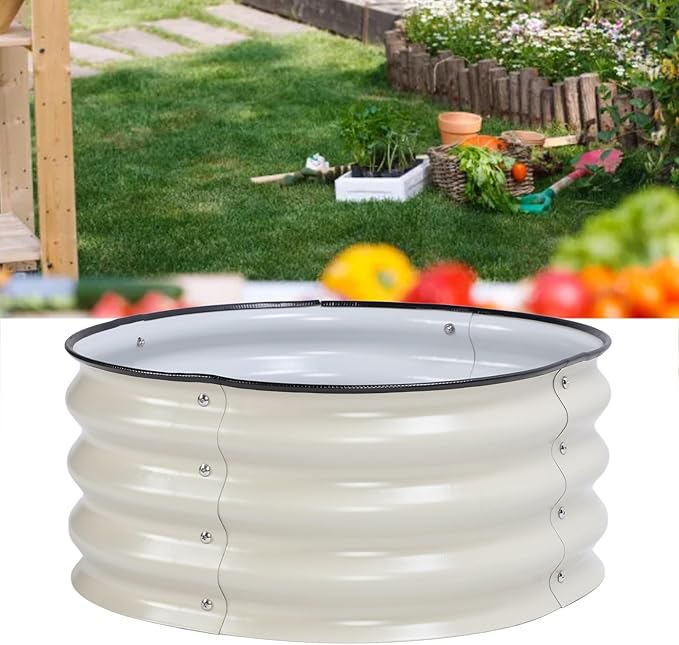 Galvanized Raised Garden Bed Kit Oval Metal Ground Planter Box Outdoor Bottomless Planter Raised Beds for Safe and Effective Growing – Ideal for Home School and Community Gardens (Ivory White)
