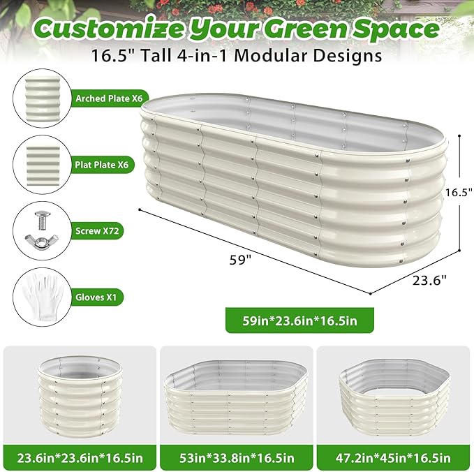 17 Tall Outdoor Garden Raised Garden Bed Kits 5ft X 2ft Oval0.8MM Thick Metal Raised Planter Bed/Ground Planter Box for Variety of FlowersHerbsVegetables (Cream White 60X24X16.5 Inches)
