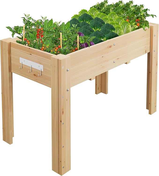 PeakPursuit 47 x 22 x 30 Inches Elevated Wooden Raised Garden Bed with Bed Liner Legs and Hooks – Outdoor Planter Box Stand for Backyard Patio Balcony Natural