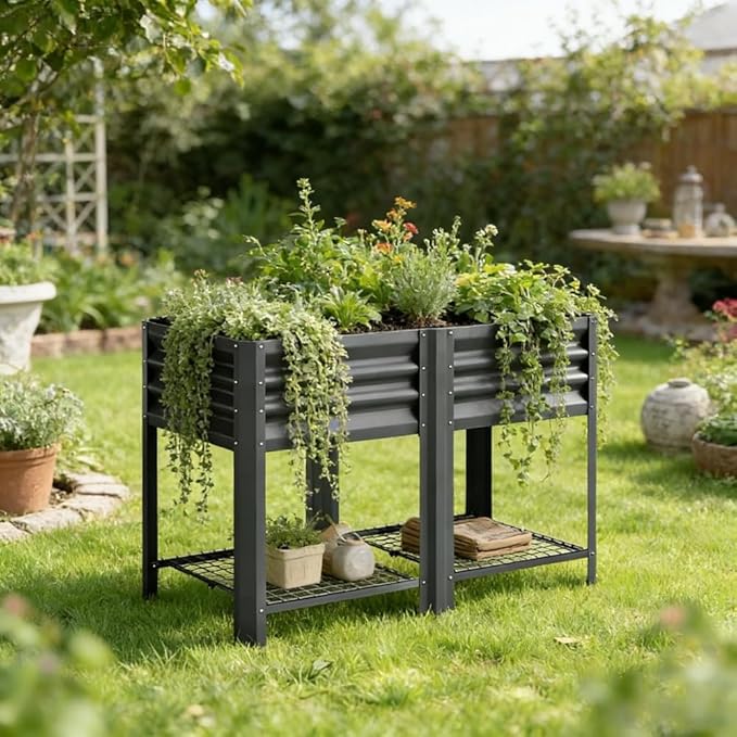 Raised Garden Bed39.6 Gal CapacityPowder-Coated Galvanized Steel Supporting Up to 396 lbsIncludes a Bottom Shelf6 Legsfor Backyard Patio Balcony