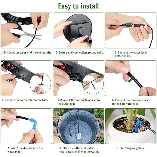 Solar Irrigation System Automatic Drip Irrigation Kit for Outdoor/Indoor Garden Watering System with Water Level DetectionDrip Irrigation System for 15 Potted Plant with 15m Water Hose