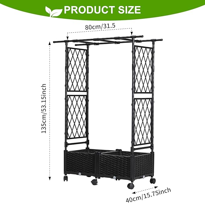 Lalahoni Planter with Trellis 4.5ft Trellis Planter Self-watering Box with Wheels for Outdoor Plants Tomato Flower Vegetable Herb Vine Garden Patio Plastic Raised Bed Trellis with Drainage Hole 1PC