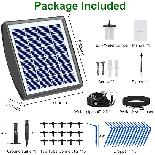 RISINGUP 49FT Solar Drip Irrigation System Auto Plant Watering Kit with Anti-Siphoning Device 750ml/min Flow with 2200mAh Battery for 15 Potted Plants Outdoor Garden Patio Balcony Greenhouse