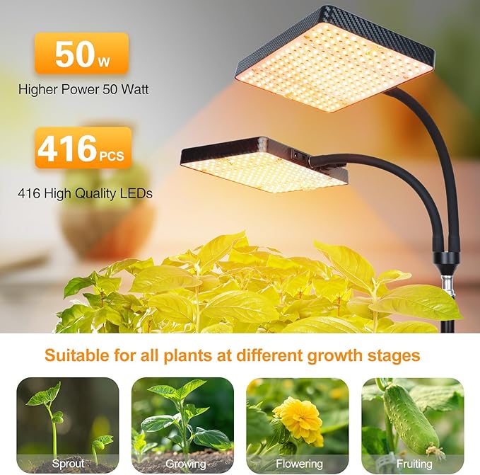 FECiDA 2026 2Head Grow Lights with Upgraded Stand Big Coverage Grow Lights for Indoor Large Plants Bonsai Tree 4/8/12/16/20 Hr Timer 50 Watt Power Draw NO Need Adapter 24-76 Height Adjustable