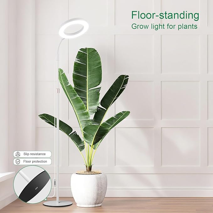 LBW Full Spectrum Grow Light with Stand for Large &amp Tall Indoor Plants Adjustable Height 48.8–68'' Auto Cycle Timer 4/8/12H 4-Level Dimmable Floor Plant Light (White)