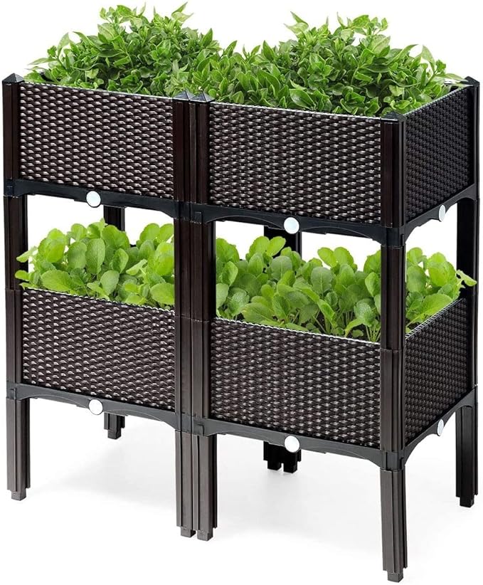 GRAFFY Set of 4 Raised Garden Bed Kits Elevated Garden Beds with Self-Watering Design Raised Garden Boxes for Flowers Vegetables and Herbs Planting Box Container for Patio Yard Balcony (Brown)