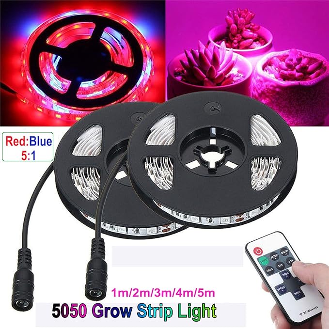 DC 12V 5050 LED Growth Lights Plant Growing LED Strip Light Tape Set with Power and Switch for Aquarium Hydroponic Plant (RED:Blue=4:1 5M Set Waterproof)