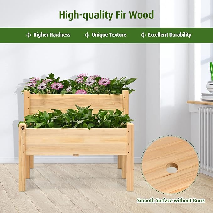 RELAX4LIFE 2-Tier Raised Garden Bed - Fir Wood Garden Elevated Planter Box with Legs 8 Drainage Holes220 Capacity for Growing Vegetable Elevated Garden Bed for Outdoor Yard Patio Balcony (Natural)