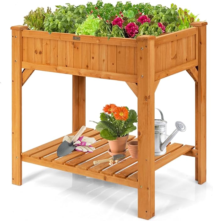 Giantex Raised Garden Bed Elevated Planter Box Kit with 8 Grids &amp Liner for Herbs Vegetables Flowers Outdoor Solid Fir Wood Planting Container with Legs &amp Storage Shelf for Backyard Patio (N