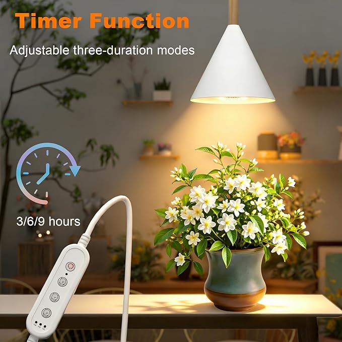 Hanging Grow Light with Timer 20W Full Spectrum Plant Lamp for Indoor Plants 14.5 ft Power Cord Adjustable Height Wall-Mounted Growing Light for Large Tall Plants Succulents and Flowers (White)