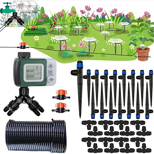 64FT Drip Irrigation Kit with Garden Timer Plant Watering System with Tubing Gushing Nozzles and Water Timer Quick Connector Kits Easy to Assemble