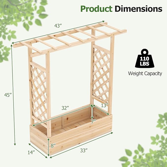 HAPPYGRILL Raised Garden Bed with Trellis &amp Hanging Roof 45 Tall Wooden Planter Box with Drainage Holes Outdoor Wood Elevated Garden Bed for Climbing Plants Vines Vegetables Flowers (Natural1)