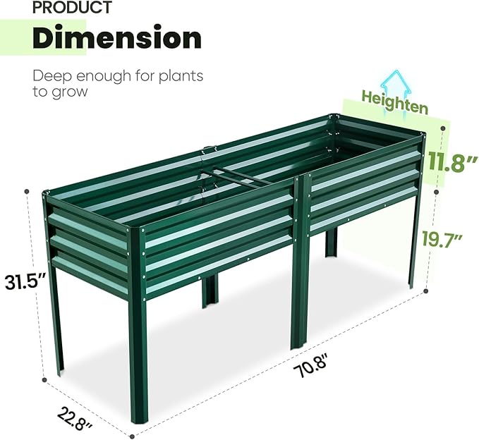 KING BIRD Raised Garden Bed with Legs Galvanized Large Elevated Planter Box for Backyard Patio Balcony 600lb Capacity Green 70.9x22.8x31.5 in