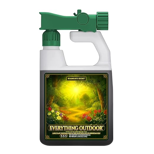 Humboldts Secret Everything Outdoor Plant Food | 5-5-5 Liquid Fertilizer with Norwegian Kelp | All Purpose Lawn Vegetable &amp Fruit Food | Garden Nutrients | Refillable Hose End Bottle | 32 Ounce