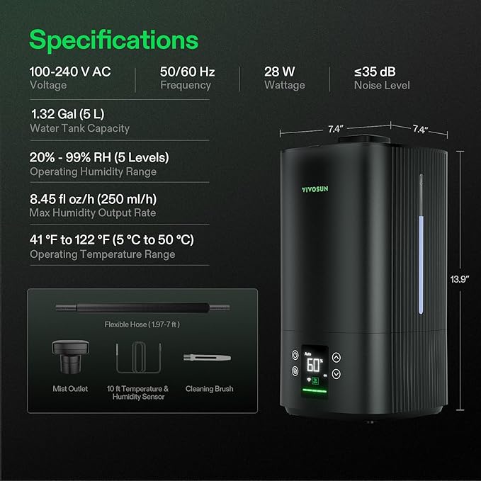 VIVOSUN AeroStream H05 Intelligent Wi-Fi Humidifier 1.32 Gal / 5 L Humidifier with Temp &amp Humidity Probe Smart Remote Control Designed for Growers (Pack of 2)