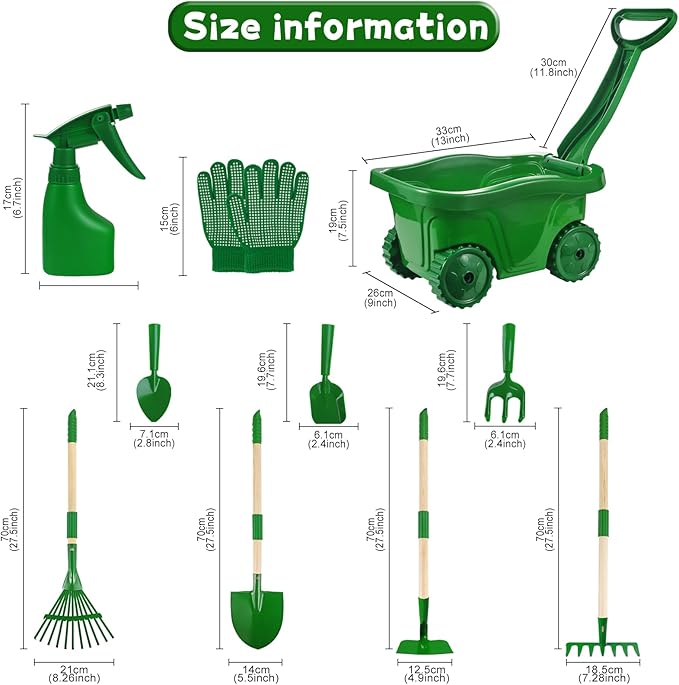 Duckura Kids Gardening Tools Set - 10pcs Wheelbarrow Set for Kids with Shovel Rake Leaf Rake Summer Outdoor Yard Digging Weed Toys Easter Birthday Gifts for Boys Girls Age 2 3+ Years(Green)