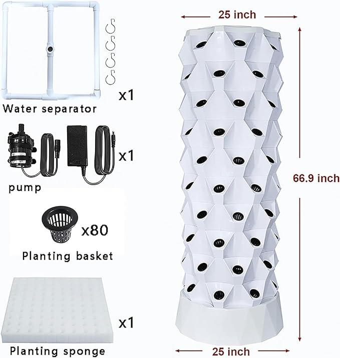 80 Pots Hydroponics Tower Set Hydroponic Growing Hydroponic Growing Kit for Indoor Outdoor with Hydrating Pump Timer Adapter