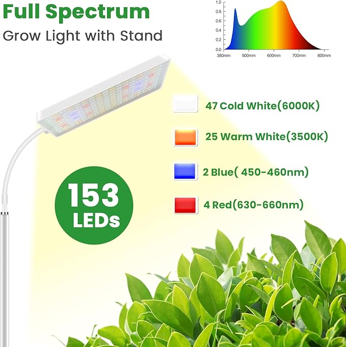 Wiaxulay Grow Lights for Indoor Plants 153 LED Full Spectrum Plant Grow Light Floor Standing Height Adjustable 24-68 in4/8/12/16H Timer3 Lighting Modes5 Brightness for Growing Large Tall Plants