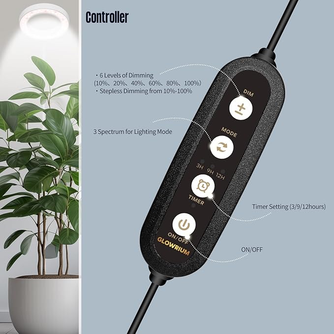 GLOWRIUM Grow Lights for Indoor Plants 36W Full Spectrum 2-Head LED Plant Light with Stand Adjustable Height 3/9/12H Timer 6 Dimmable Levels &amp 3 Lighting Modes(Black-Double Head)