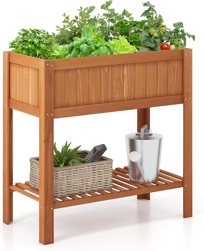2-Tier Elevated Garden Planter Bed Fir Raised Garden Bed Outdoor with Legs &amp Storage Shelf for Vegetables Flowers &amp Herbs Wooden Planter Box Raised Bed for Gardening Balcony &amp Porch