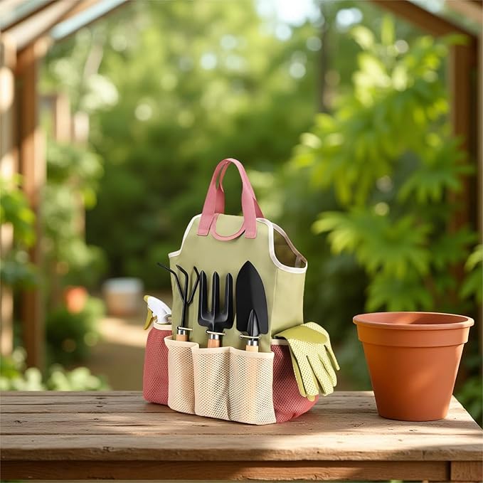 Garden Tool Set 9 Pcs with Wooden Handles Gift for Women &amp Men Includes Tote Bag Transplanter Fork Rake Trowel