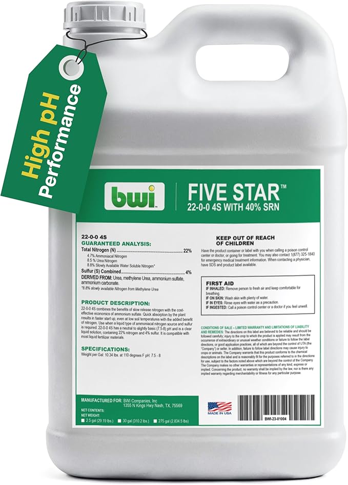 22-0-0 Liquid Nitrogen Fertilizer for Lower Soil Temps &amp High pH - Ammonium Sulfate Fertilizer with 40% Slow-Release Nitrogen 4% Sulfur for Quick Absorption - 2.5 Gallon