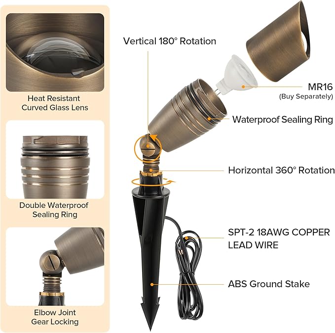 LUTEC Solid Brass Low Voltage Landscape Lighting 12V Heavy Duty Waterproof Landscape Spotlights Bronze Wired Uplights Outdoor Fixtureswith ABS Spike Garden Yard Pathway Tree Without Bulb 6 Pack