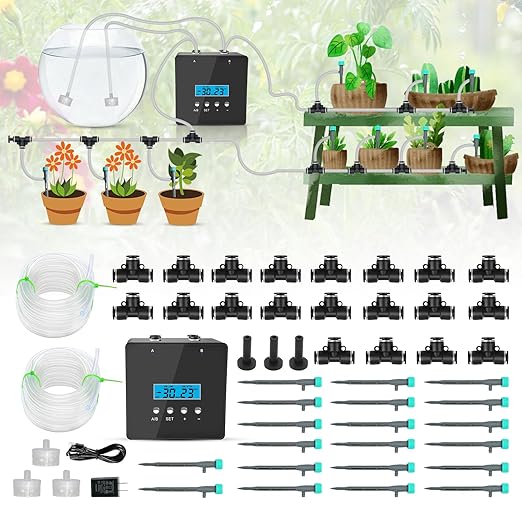 Automatic Plant Waterer Indoor Indoor Plant Watering Devices with 2 self-Priming Pump Automatic drip Irrigation kit with 20 Adjustable droppers self Watering System programmable Timer