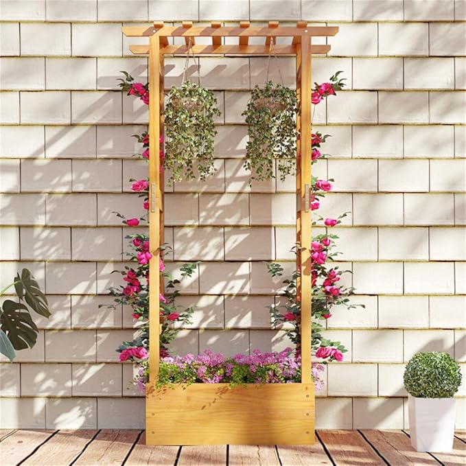 60 Tall Pine Wooden Raised Garden Bed with Trellis &amp Flat Roof Planter Box for Climbing Plants Outdoor Planting Stand Roof Climbing Plant Support Raised Beds Backyard Planter Wooden Garden Pla